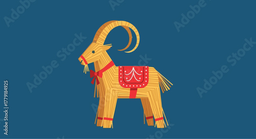 Illustration of a traditional Scandinavian Yule Goat, made of straw and decorated with red ribbons, on a blue background
