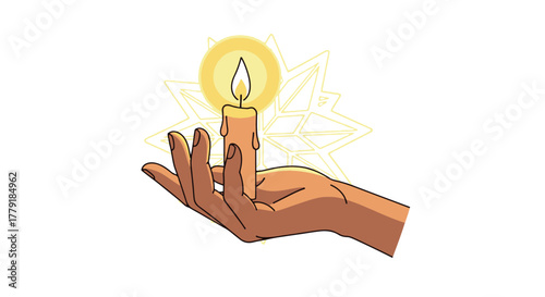 A cartoon illustration features a hand holding a lit candle, set against a white background and a faint starburst-like aura for a spiritual or symbolic visual.