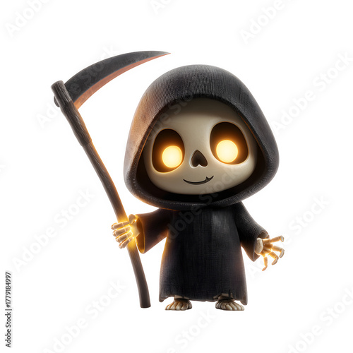 Cute cartoon Grim Reaper with glowing eyes and scythe, perfect for Halloween designs, spooky projects, and fun marketing campaigns
