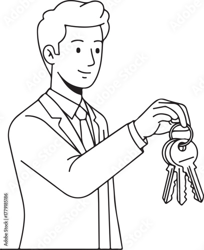 Man holding keys, real estate and property handover concept, minimalist line art, isolated on white background.