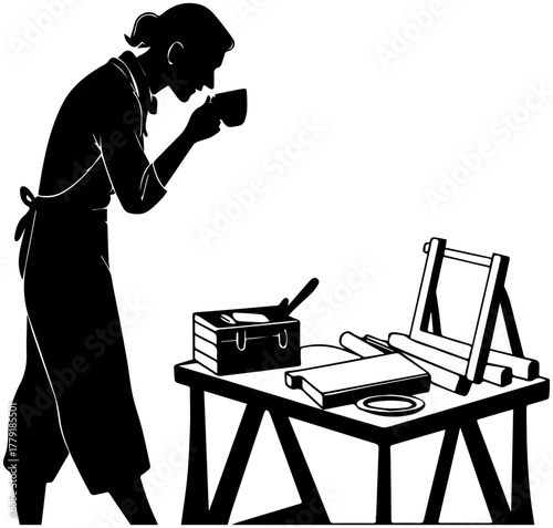Silhouette of Artisan Drinking Tea in Workshop – Vector Illustration