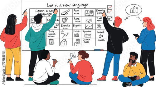 Groupofpeoplelearninganewlanguagetogetherisolatedonwhitebackground