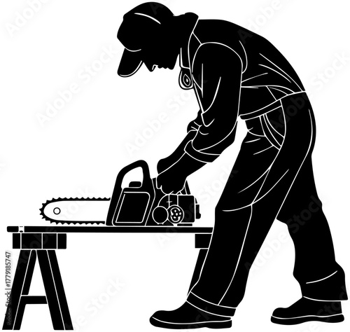 Silhouette of Person Sawing Wood – Carpentry Vector