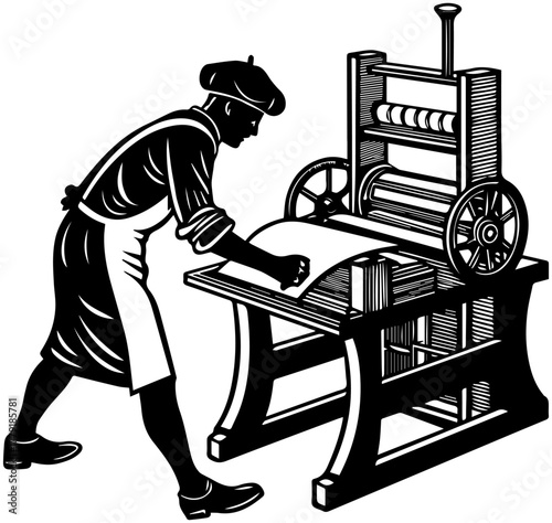 Silhouette of Person Operating Printing Press – Historic Craft Vector