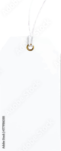 A blank white rectangular merchandise tag with a reinforced hole and white string, isolated on a white background.