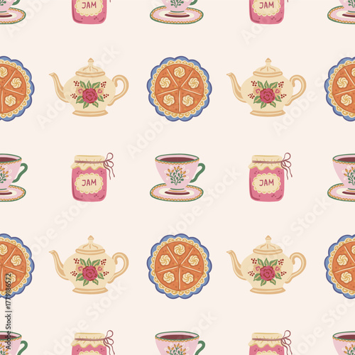 Vector seamless pattern with teapot, teacup, tart and jam jar. Cozy teatime and sweet dessert print design. Hand drawn vintage tea party background for kitchen textile or wrapping paper.