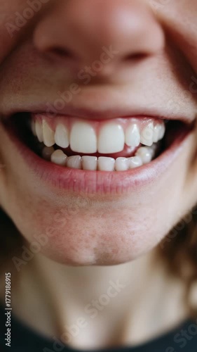 Smiling close-up of a person showing healthy teeth and bright gums in a cheerful moment