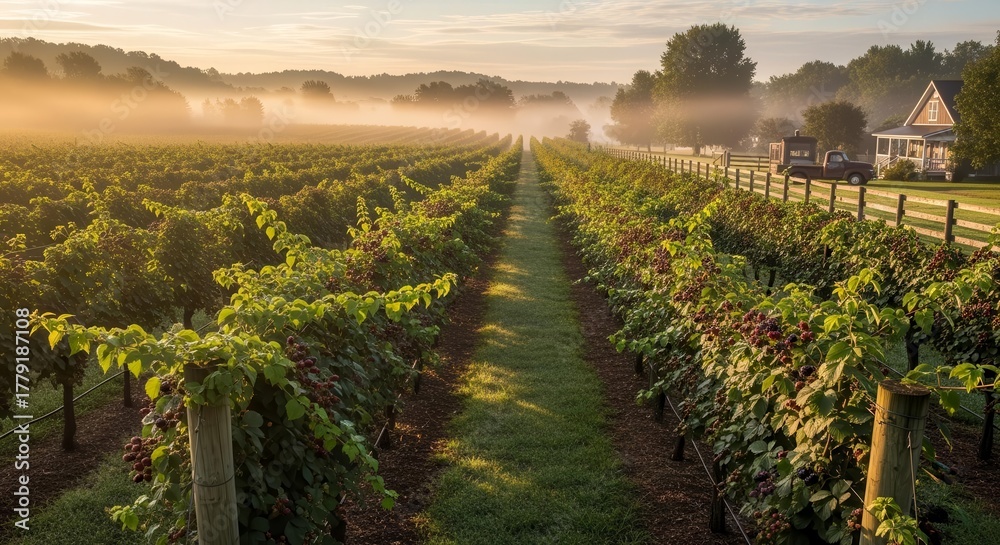 Fototapeta premium Stunning Vineyard View With Lush Grapes In Morning Light and Misty Background Landscape