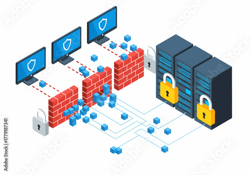 Isometric vector illustration of a network firewall filtering data packets from user computers, protecting a secure server database from unauthorized access and cyber threats.