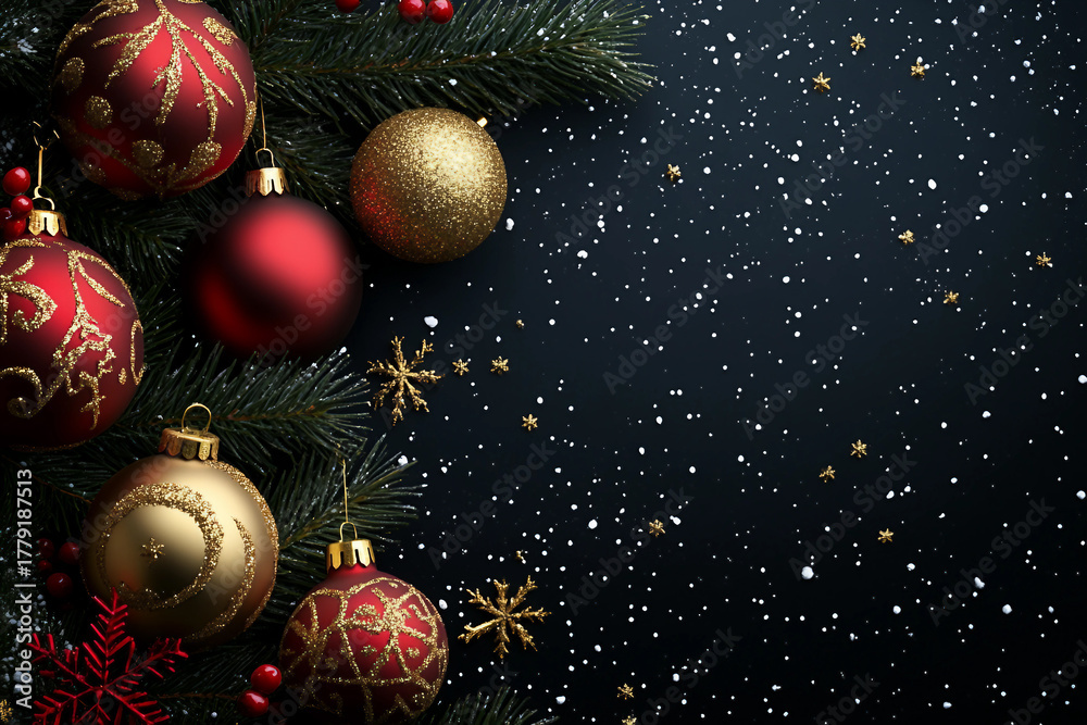 Naklejka premium Generative AI Christmas background with festive wreath, pine branches, baubles, cones and space for holiday greeting or text