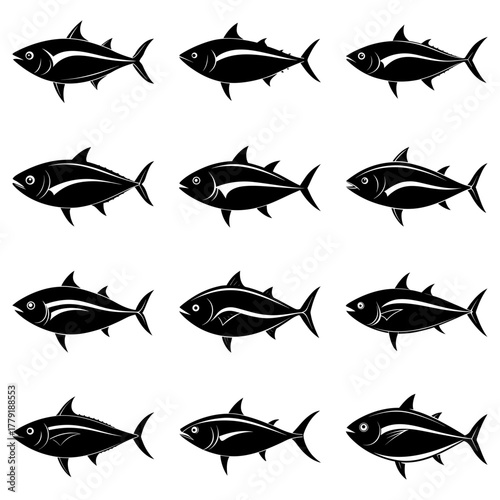 Dynamic tuna pattern, a school of fish swimming together, seafood delicacy, ocean wildlife, restaurant decor, fishing industry, marine life concept and nautical theme