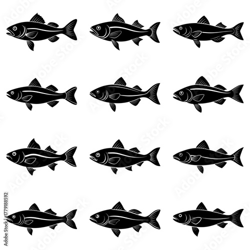 Dynamic school of fish swimming together in seamless pattern design, aquatic wildlife concept, ocean life, flowing, nature, and fishing themes