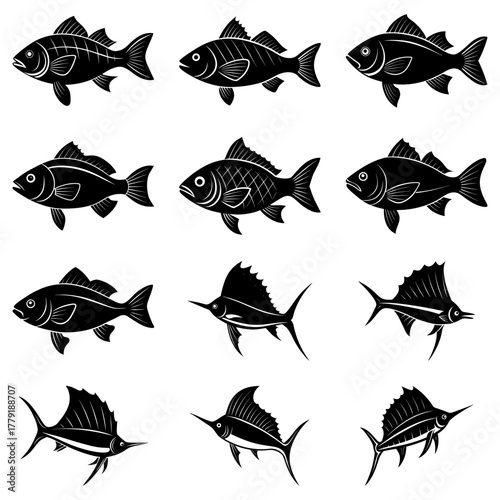 Dynamic monochrome collection of diverse fish species swimming together, perfect for seafood branding, fishing illustrations, or ocean themed designs