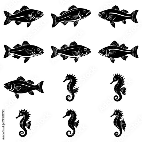 Striking silhouette illustration featuring an assortment of fish and seahorses, perfect for nautical themes and marine life projects, originally a scalable vector graphic