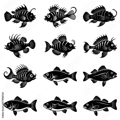 Intricate collection of stylized fish, perfect for marine life designs, nature illustrations, or engaging educational materials. Black and white vector style