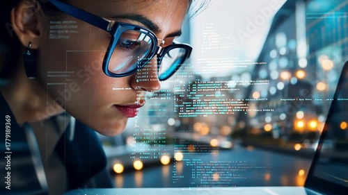 Focused programmer analyzing code with reflection on glasses, innovative technology