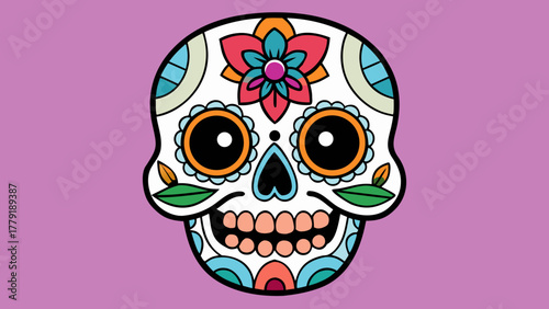 Adorable kawaii cartoon skull with big pink and black eyes and a small black nose on a pale green background