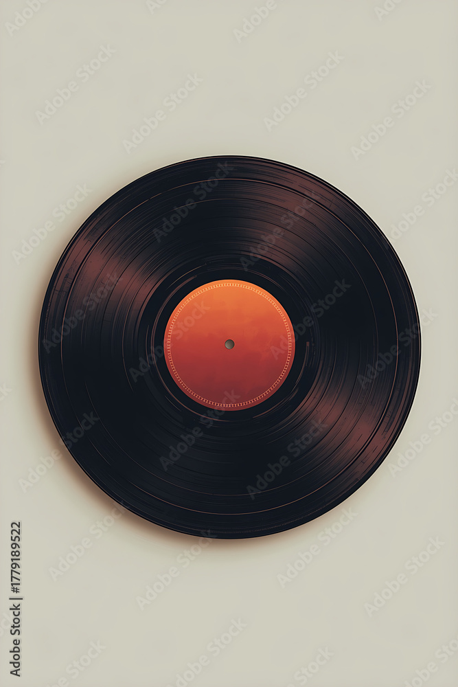 Obraz premium A 3D illustrated vinyl record with a soft hand drawn texture, featuring subtle rough shading and sketch details. It includes a warm gradient label in deep red and burgundy, neon lights, and a slight t