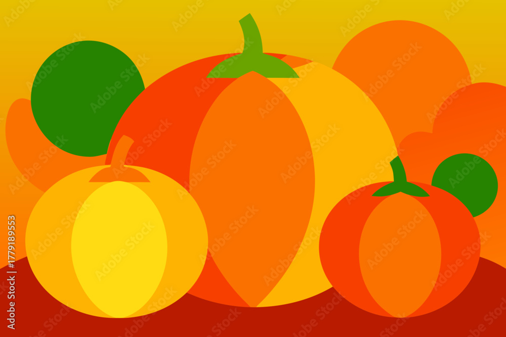Vibrant abstract autumn harvest illustration featuring stylized pumpkins and gourds in warm orange and yellow tones