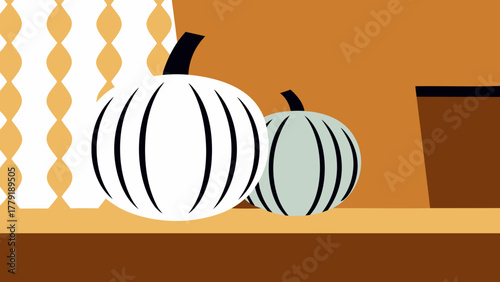 Minimalist autumn still life featuring two stylized pumpkins against a warm orange background and decorative curtain