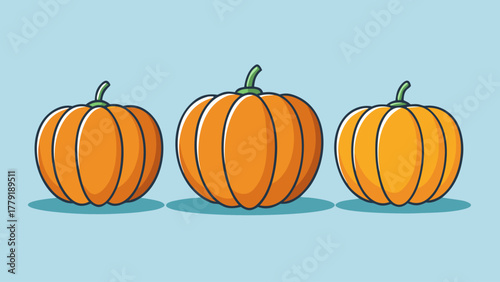 Three vibrant orange pumpkins with green stems are lined up against a soft blue background in a simple illustration