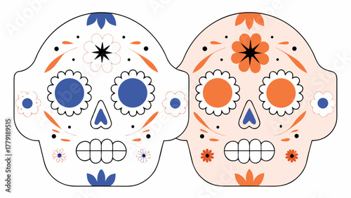 Two stylized sugar skull masks adorned with vibrant floral patterns and decorative elements in blue and orange hues