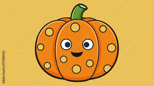 A cheerful cartoonish orange pumpkin with a green stem and a happy face adorned with circular cutouts set against a plain yellow background