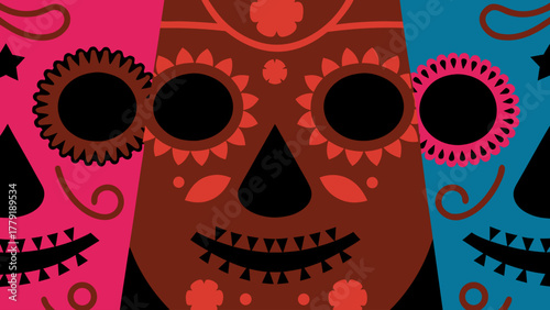 Vibrant dia de los muertos sugar skull masks in pink brown and teal with traditional decorative elements