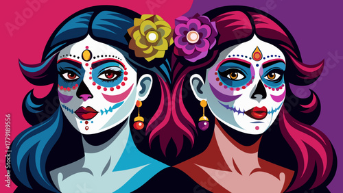 Vibrant sugar skull women with colorful makeup and flowers in hair celebrating day of the dead