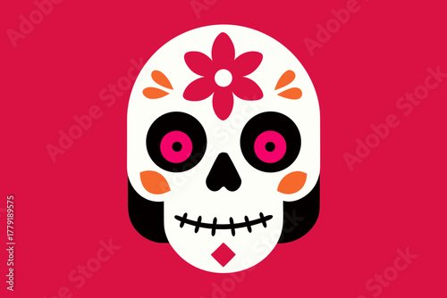 A stylized colorful sugar skull with a pink flower and orange accents on a vibrant pink background perfect for day of the dead celebrations