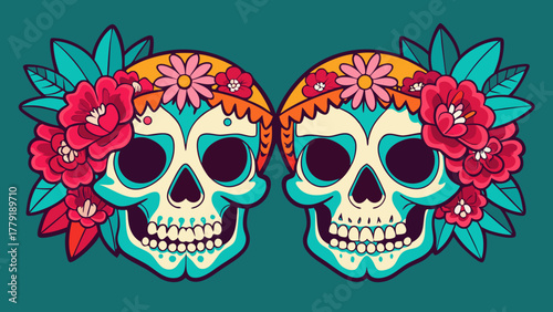 Vibrant day of the dead sugar skulls adorned with colorful flowers and lush green leaves create a festive and celebratory cultural art piece