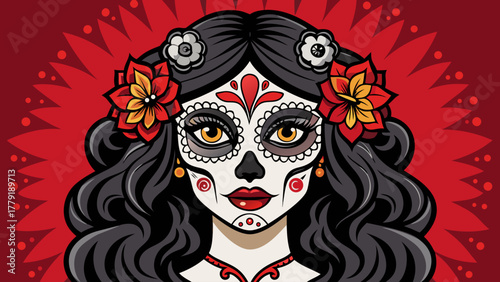 Vibrant sugar skull woman with flowers and intricate face paint for day of the dead celebration