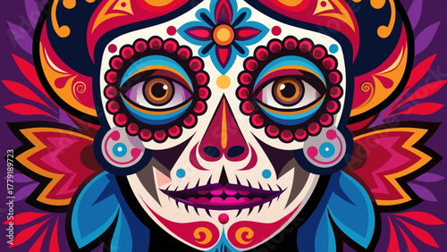 Vibrant sugar skull art with intricate floral patterns and rich colors celebrating day of the dead