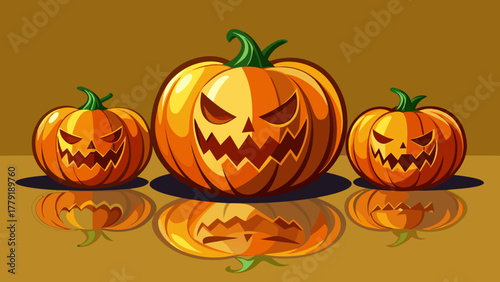 Three menacing jack o lanterns with carved spooky faces and reflections on a warm brown background creating a festive halloween atmosphere