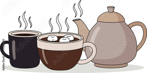 Cozy autumn/winter comfort drinks set illustration featuring hot chocolate, steaming tea, and mugs with marshmallows