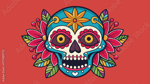 Vibrant day of the dead sugar skull illustration with floral accents and festive colors on a red background