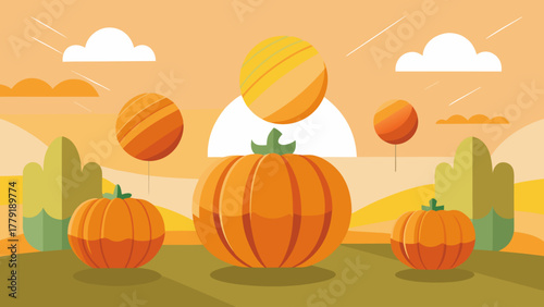 Stylized autumn landscape featuring three vibrant orange pumpkins amidst abstract trees and clouds under a warm sunset sky