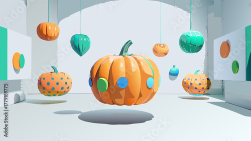 Whimsical floating pumpkins with colorful polka dots suspended in a modern art gallery space