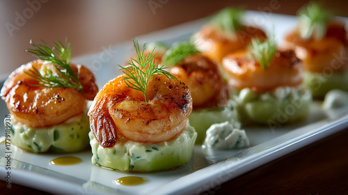 Grilled shrimp appetizers on cucumber rounds with fresh herbs and sauce