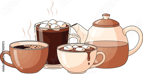 Cozy autumn/winter comfort drinks set illustration featuring various mugs and a teapot filled with hot beverages and marshmallows