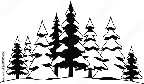 Silhouette banner design featuring a row of dark pine trees and snowy evergreens in a simple winter forest landscape