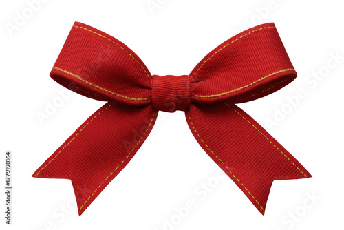 Red grosgrain ribbon bow with yellow stitched edges on a transparent background, symbolizing gifts and celebration