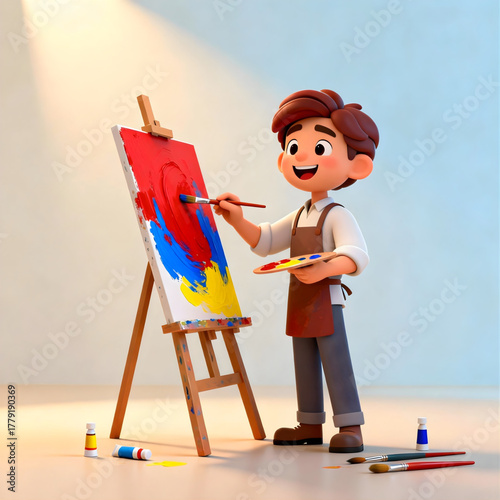 Creative young artist painting a colorful masterpiece on an easel in a studio setting