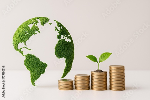 Sustainable Investment Concept with Green Earth and Growing Plant on Coin Stacks