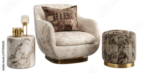 Elegant Modern Armchair with Decorative Pillow and Stylish Ottoman Furniture Set
