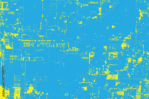 Bright yellow abstract graphic elements and text fragments scattered across a vibrant blue background with distressed textures