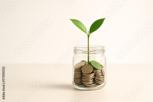 Sustainable Investment Growth: Coins and Plant in a Jar Symbolizing Eco-Friendly Finance