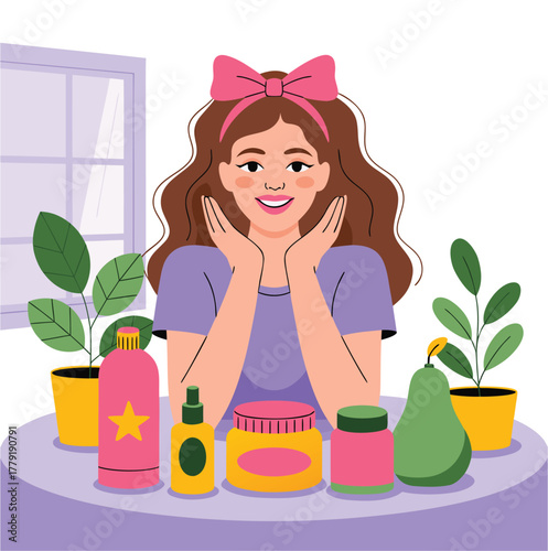 Young woman enjoying skincare routine at home with natural beauty products and plants