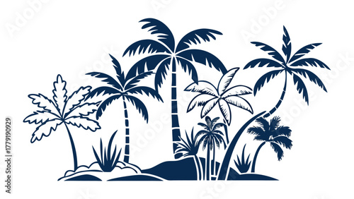 Tropical Island Silhouette: This illustration depicts a tranquil scene, showcasing stylized palm trees and lush vegetation, evoking feelings of serenity and a tropical vacation. 