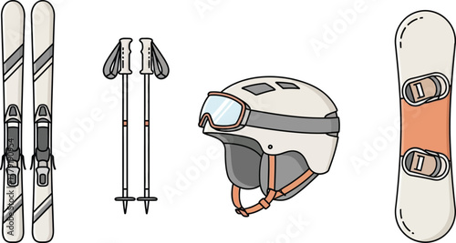 Hand-drawn vector set of winter skiing and snowboard equipment including helmet, goggles, skis, poles, and boots